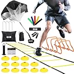 GHB Agility Ladder,Football Training Equipment Set,4 Agility Hurdles, 20 feet12 Rungs Speed Ladder,12 Disc Cones,Resistance Parachute, Jump Rope, 5 Resistance Bands