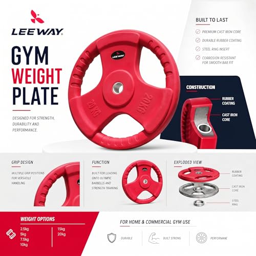 Image of LEEWAY Color Rubber Weight Plates (20kg x 2) | 31mm Dia | Rubber Coated Metal Integrated Weights For Barbell Rod | Standard Rod Compatible Dumbbell Spare Gym Weight Plates for Home Gym Equipment Workout (20kg Pair (20X2))