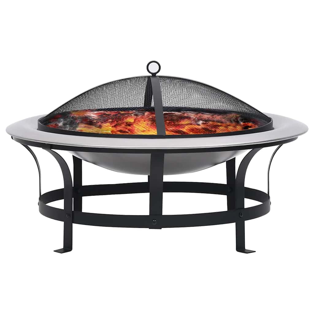 Garten-Feuerschale mit Grill Edelstahl 76 cm, inklusive Schürhaken, Eisen-Bratrost und Feuerschutzdeckel, hitzebeständiger Stahl, Funkenflugschutz, für Terrasse und Hinterhof
