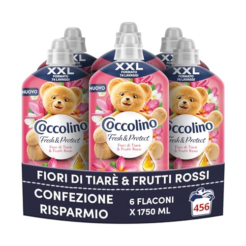 Coccolino Suavizante concentrado de flores de tiaré y frutos rojos, suavizante para lavadora Intense Care con tecnología Pro-Fibre, formato XXL 456 lavados, 6 unidades de 1750 ml
