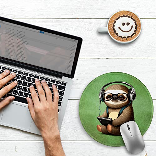 Image of Green Round Mouse Pad Mouse Mat, Cute Sloth Mouse Pad for Desk, Mouse Pads for Wireless Mouse Funny Mousepad with Stitched Edge Non-Slip Rubber Base 8.6 x 8.6 Inch Office Decor Cute Desk Accessories