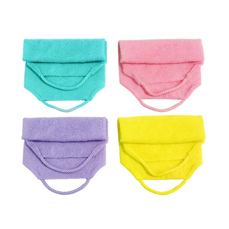 4pcs Exfoliating Back Washers Scrub for Shower with Handles,Nylon Extended Length Body Washcloth, Stretchable Pull Strap Shower Scrubber for Cleansing Skin and Massages