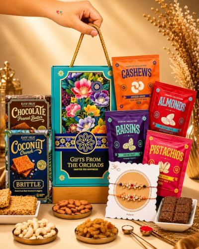 Image of Hyperfoods Rakhi Set for Brother and Bhabhi RawFruit Gifts From The Orchards Dry fruit 120 Grams(Cashews, Almonds, Pista, Raisins 30Gms Each) & 2 Brittle(100 Gm Each) with Rakhi Hamper For Brother with Roli & Rice