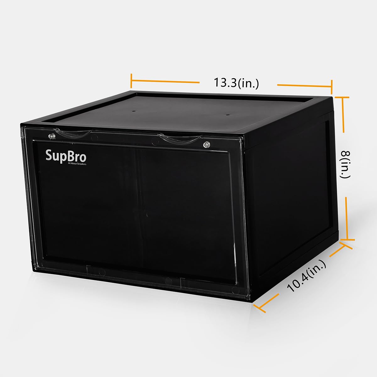 SupBro Collection Crate - Scatola per scarpe di facile accesso, in plastica, pieghevole, impilabile, con porta aperta laterale trasparente, confezione da 8 (nera)