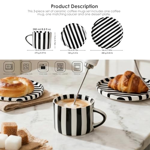 Set de 3 Piezas de Tazas de Café de Cerámica con Platos Rayados Negros miniatura 3