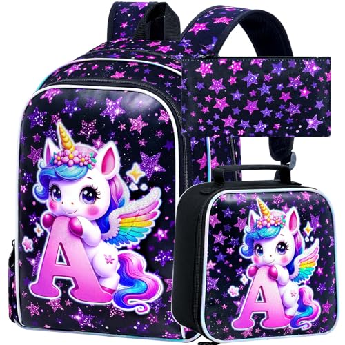 Image of CCJPX 3Pcs Unicorn Backpack, 16 inch Girls Bookbag with Lunch Box, Kids Water Resistant Elementary School Bag for Kindergarten Preschool Toddler (Black)