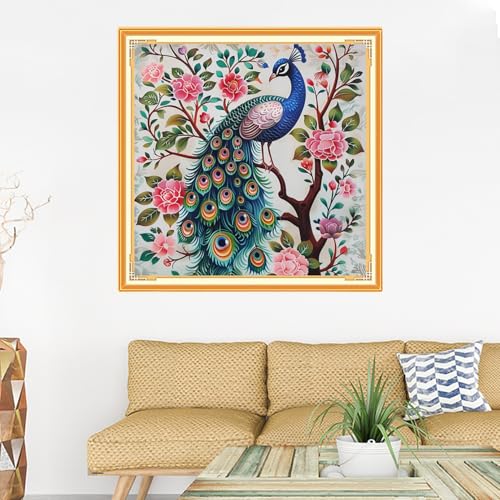 Image of Dooxvey Counted Cross Stitch Kits for Adults 11CT Printed Cross-Stitch Patterns Cross Stitching Embroidery Kit Stamped or Counted Needlepoint Kits-Rainbow Feathered Peacock 18x18 inch