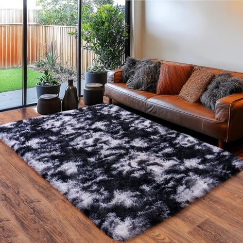 Black and White Rug for Living Room, 9x12 Area Rug for Bedroom, Bedside Indoor Floor Fluffy Shag Carpet, Plush Soft Rug for Boys Girls Kids Room Nursery Dorm Home Decor