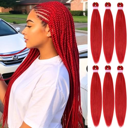 Braiding Hair Pre Stretched 26 Inch 6 Pack Prestretched Braiding Hair Extensions for Women Synthetic Soft Yaki Texture Crochet Hair Extensions for Braids (red 26 inch)