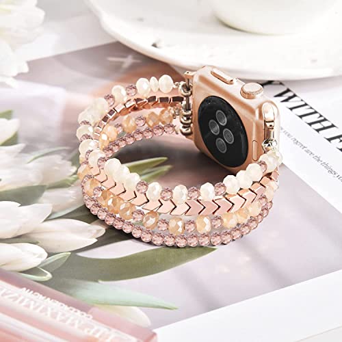 Image of MOFREE Beaded Bracelet Compatible with Apple Watch Band 42mm /44mm /45mm /49mm /46mm Series 11 /10 /9 /8 /7 /SE /6 /5 /4 /3 /2 /1 Women Fashion Handmade Elastic Stretch Strap for iWatch Bands for Women Rose Gold