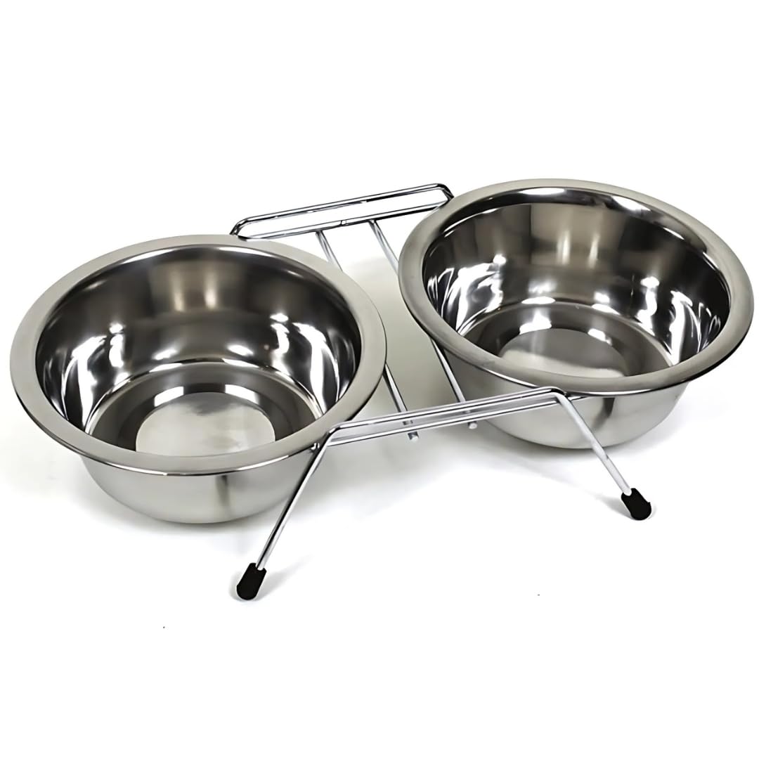 PARENCE. - Set of 2 Stainless Steel Pet Bowls - Non-Slip Stand with Rubber Feet - Cats and Small Dogs - 11cm Diameter