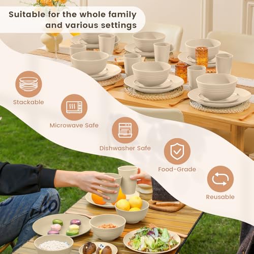 Image of Homienly 24 PCS Premium Wheat Straw Dishes Set for 6, Reusable Plates and Bowls Sets,Cups,Lightweight & Unbreakable Dishwasher and Microwave Safe Dinnerware Sets for Kitchen,Outdoor- Beige