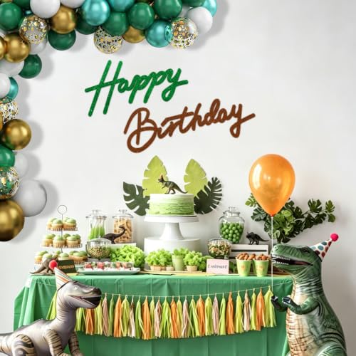 Image of TONIFUL Happy Birthday Sign for Backdrop - Glitter Green Brown Felt Banner - Includes Dot Glue - Perfect for Birthday Party Backdrop,Wall Decr,Balloon Arch,Photo Background