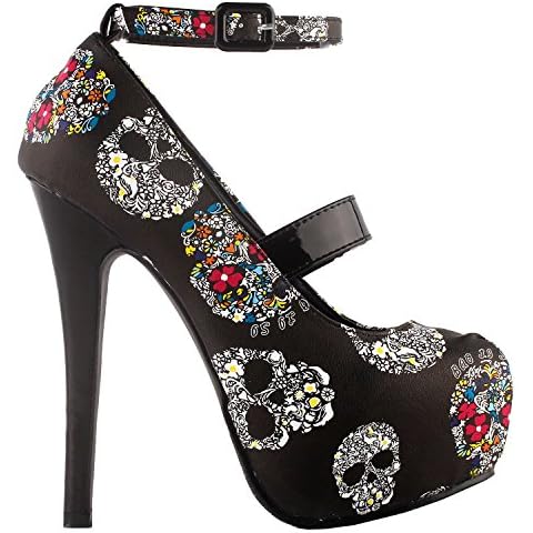 SHOW STORY Punk Black White Floral Skull Pattern Mary Jane Buckle Evening High Heel Platform Stiletto Party Pumps,LF80873BK40,9US,Black Cover