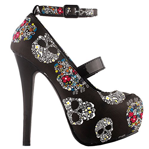 SHOW STORY Women Sexy Skull Print Ankle Strap Platform Stiletto Heel Dress Pumps,LF80873
