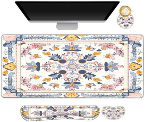 DINKY Large Mouse Pad and Keyboard Wrist Rest Combo, Extended Mouse Pad with Wrist Support, Non-Slip Desk Mat Protector Desk Blotter for Keyboard and Mouse,Retro Boho Art