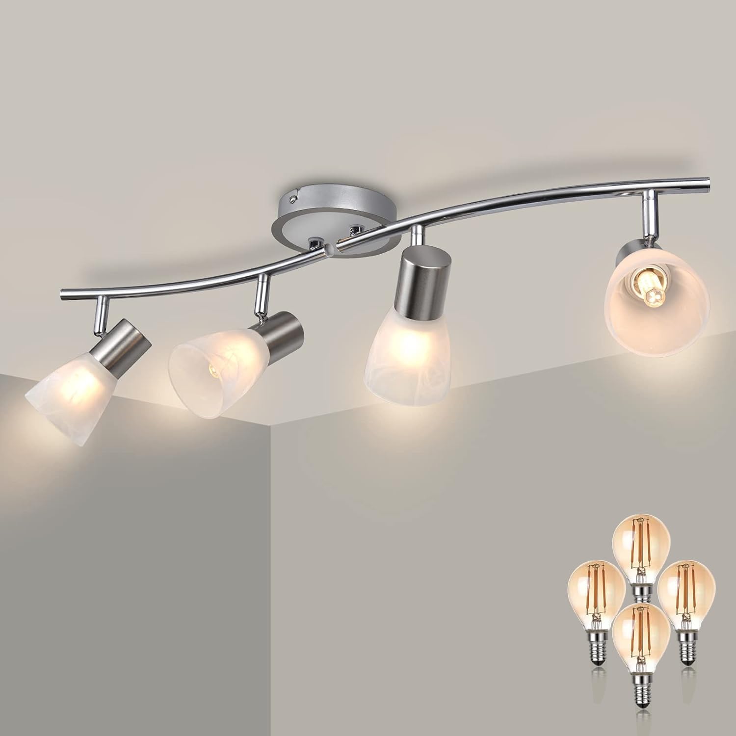 Plafoniera LED 4 Faretti Orientabili, Faretti da Soffitto con Paralume in Vetro, Lampada da Soffitto con 4 Lampadine E14 4W 400LM Bianco Caldo, Luminario Plafoniera per Soggiorno, Sala, Cucina