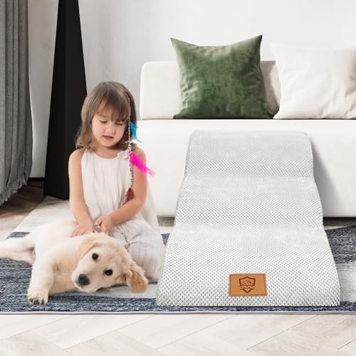 HEVOL Hundetreppe 3 Stufen, Tragbare Hunderampe aus Hochdichtem Schwamm für Kleine Hunde, Haustiertreppe mit Abnehmbarem & Waschbarem Stoffbezug, Ideal für Sofa und Bett