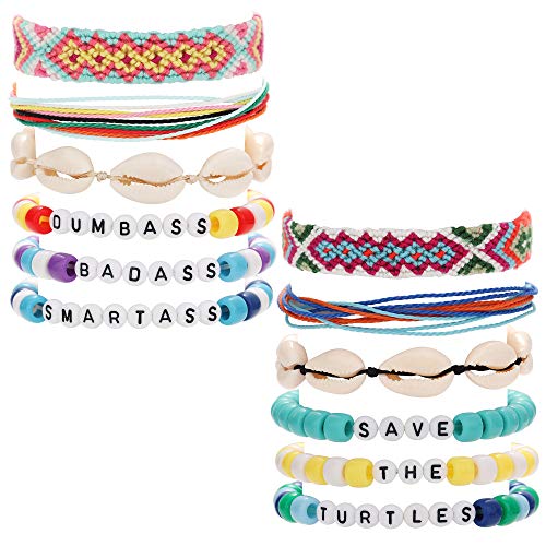 CASSIECA 12 Pcs VSCO Friendship Bracelets for women Natural Shell Waterproof Handmade Rope Bead Bracelet Set Adjustable Summer Ponybead Words Wrap Strand Bracelets Encourage for Friends