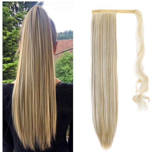 Dcbaboo Coleta Postiza Lisa Pelo Natural 55cm Cola de Caballo Sintético Extensiones de Clip de Pelo Largo Wrap Ponytail Extension de Cabello Coleta Postizos de Pelo para Mujeres, Rubia & Rubio arenoso