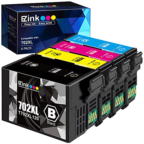 E-Z Ink (TM) Remanufactured Ink Cartridge Replacement for Epson 702XL T702XL 702 T702 to use with Workforce Pro WF-3720 WF-3730 WF-3733 Printer (1 Large Black, 1 Cyan, 1 Magenta, 1 Yellow, 4 Pack)