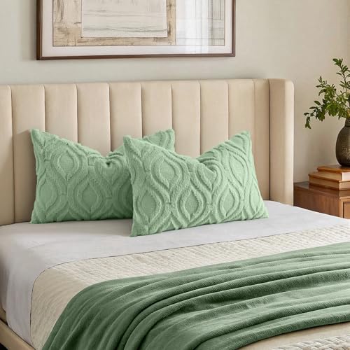 Image of decorUhome Fall Throw Pillow Covers 12x20 Inch Set of 2, Soft Plush Faux Wool Sage Green Solid Couch Pillow Covers, Accent Farmhouse Neutral Rectangle Pillow Cases for Sofa Bed Living Room