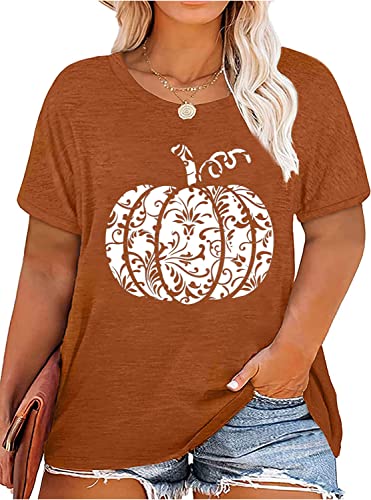 Plus Size Fall Pumpkin Tshirt Women Halloween Thanksgiving T-Shirt Casual Short Sleeve Tops Floral Pumpkin Shirt