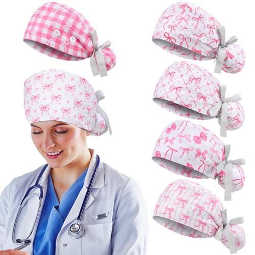 Image of 6 Pcs Scrub Caps for Women Doctor Nursing Hats with Buttons Adjustable Tie Back Working Cap Bouffant Scrub Hats for Women Men