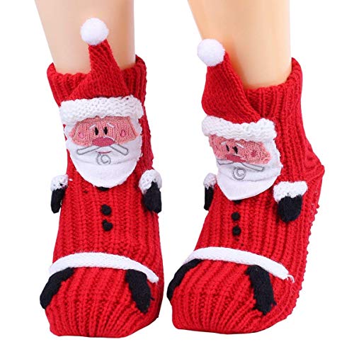 Weihnachtlicher Stricksocken, rutschen nicht, warme Haushalts-Socken für Damen, warme Winter-Socken für den Innen- und Außenbereich, 3D, Cartoon-Haussocken, für Damen Gr. One size, Weihnachtsmann Cover
