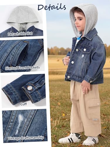 Image of Volunboy Toddler Hooded Denim Jackets Boys Spring Fall Ripped Jean Coat with Hood Long Sleeve Button Down Casual Outerwear