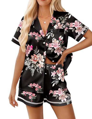 Image of Ekouaer Womens Silk Pajama Sets Button Up Satin Pjs Short Sleeve 2 Piece Pj Sets Cute Lounge Sets with Chest Pocket