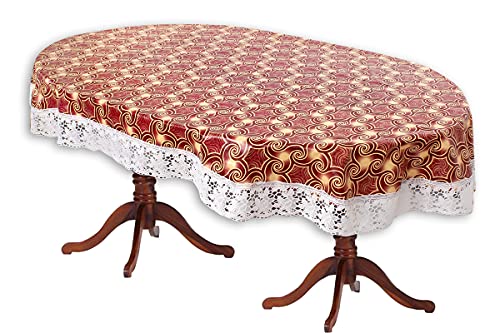 Image of The Furnishing Tree Waterproof PVC Oval Shaped Center Table Cover WxL 40x60 inches Packed Pattern Multicolor with White Border lace