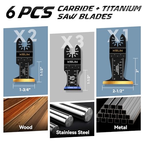 Image of KELIN 6 PCS Carbide and Titanium Multitool Blades Kit, Heavy Duty Oscillating Tool Saw Blades for Steel Bolts Screws Metal Wood Cutting with Hangable Case, Universal Interface Fit Bosch Fein Dewalt