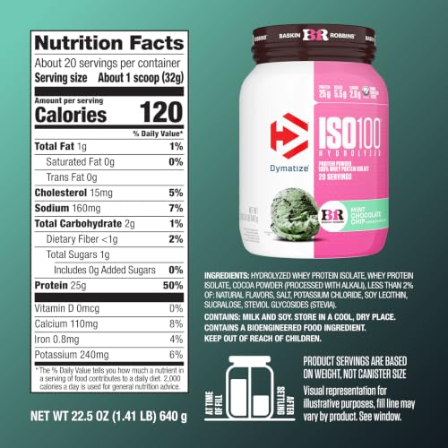 Image of Dymatize ISO100 Protein Powder, 100% Whey Isolate, Mint Chocolate Chip | 25g Protein, Hydrolyzed, Fast-Absorbing, Supports Muscle Health, 5.5g BCAAs, Gluten-Free, 20 Servings, 1.4 lb