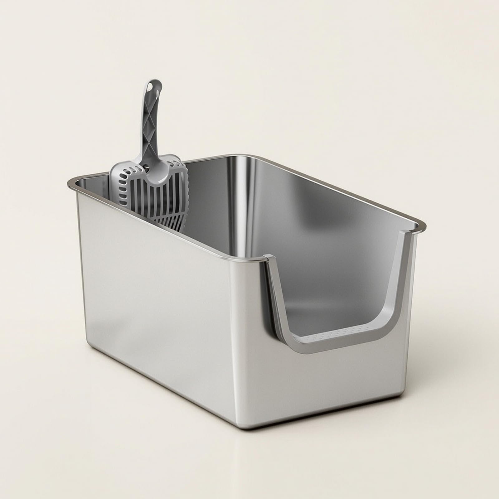 Lettiera in Acciaio Inox con Paletta, Grigio Chiaro, Apertura Laterale, Con Paletta Per Lettiera Extra Large E Adesivi Antiscivolo