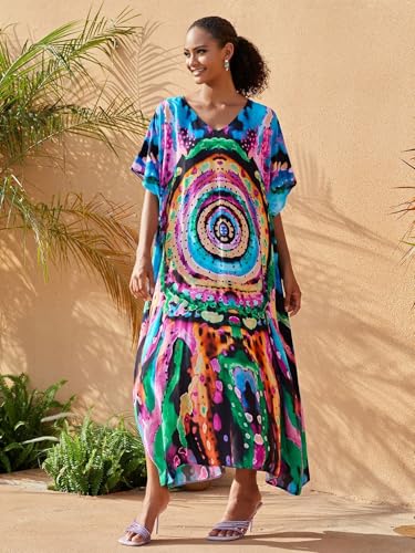 Image of KECVOT Kaftan Dresses for Women V-Neck Print Swimsuit Cover Up Plus Size Beach Caftan Lounge Dress