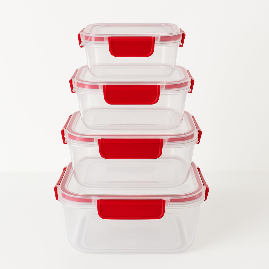 Vios Store 4’lü Kilitli Saklama Kabı Seti – Sızdırmaz Kapaklı, Farklı Boy ve Renklerde, BPA İçermez, Plastik Gıda Saklama Kutusu (2150 ml- 1300 ml - 700 ml - 300 ml) (Kırmızı)