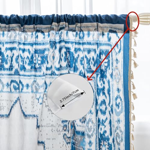 Image of Blue Geometric Curtains 96 Inches Long, Boho Farmhouse Light Filtering Rod Pocket Drapes with Tassel Trim for Bedroom Living Room, 2 Panels