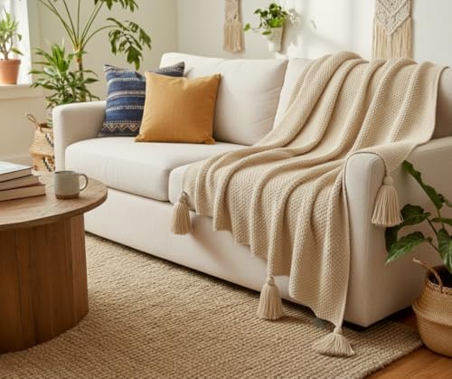 Image of Furnistitchs Plain Solid Knitted Sofa Throw Blanket 50x60 inches / 125x150 cms| Cotton Plain Knit with Tassels | Aesthetic Bohemian Decorative Couch Throws for Living Room & Bedroom (Natural)