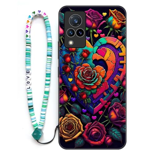 Sinyunron Funda Compatible con Vivo V21 (4G/5G) / V21S Carcasa 2 en 1 Protección Completa con Dibujos Estética Estampado,Anti-Choques y Anti-arañazos Caso+1×Pulsera de Colores,Rosas