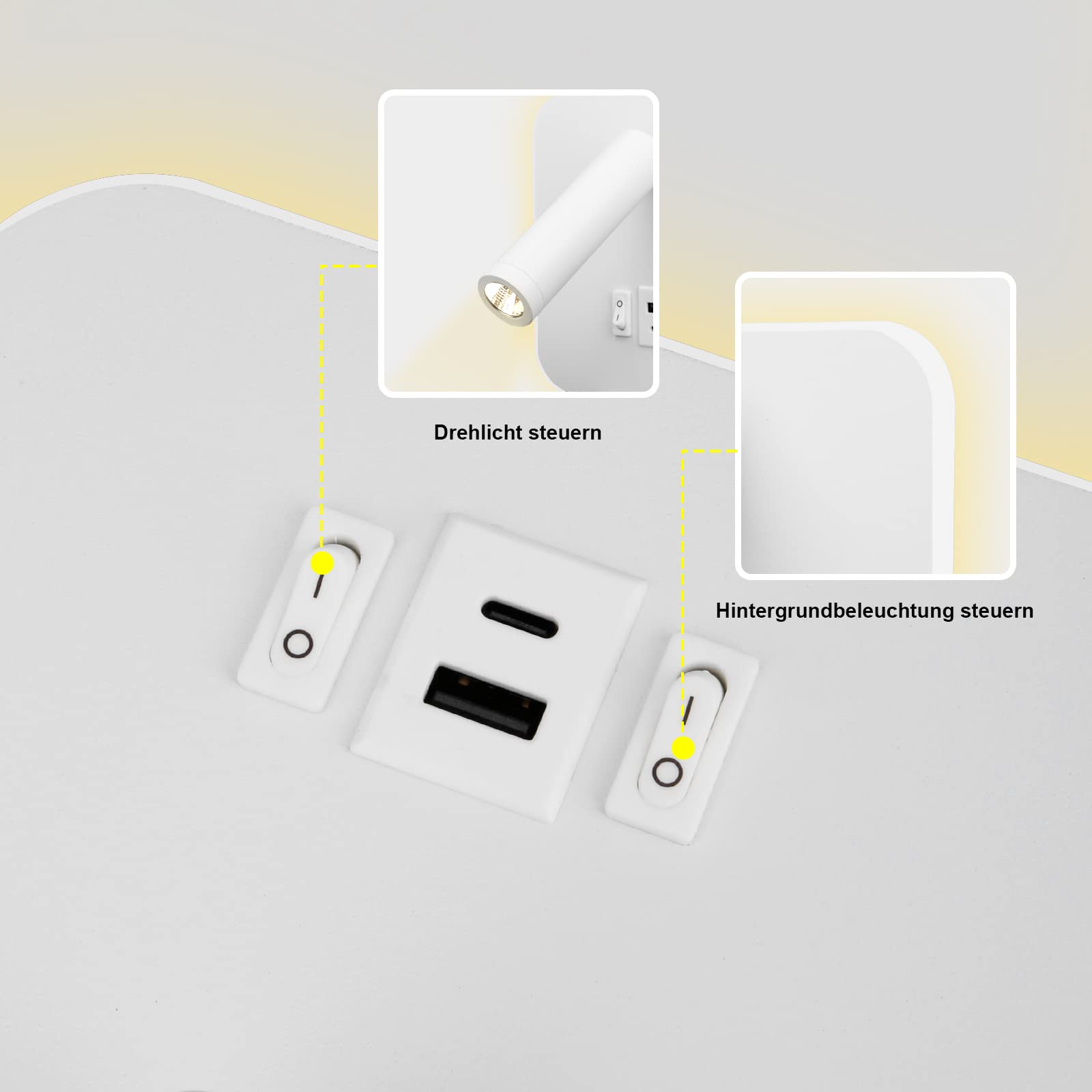 LED Reading Light USB tipo - C Double charge Electric Zut Switch se puede ajustar 12w LED Spotlight 3000k Wall Light Aluminium Bed Light se puede girar (Blanco cuadrado)