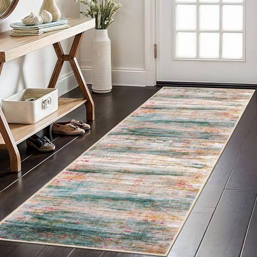 KOZYFLY Modern Abstract Kitchen Runner Rug, 2x6 Washable Rug Runner Non-Slip Soft Hallway Runner Rugs, Green Print Distressed Carpet Runner for Entryway Bathroom Laundry Room Foyer