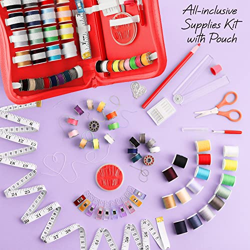 Image of Hearth & Harbor Mini Sewing Machine for Beginners, Dual Speed Small Portable Sewing Machine for Kids and Adults with Extension Table, 122 Piece Gift Set Includes, Fabrics, Project Book and More, Red