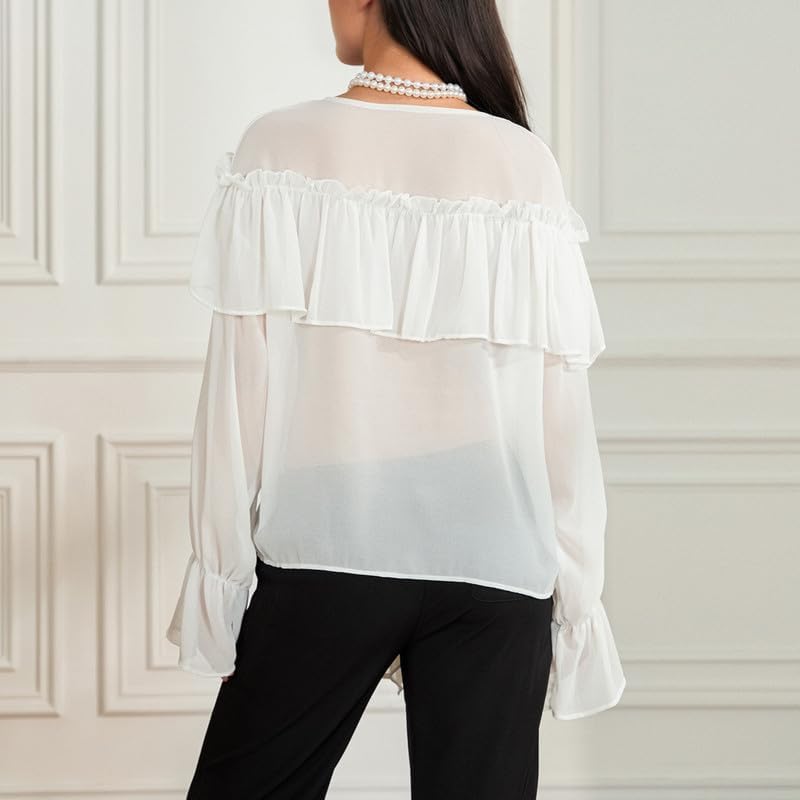 Women Tie Front Ruffle Boho Tops Short Sleeve Sheer Mesh Floral Embroidery Blouse Lace Summer Fall Streetwear - Image 5