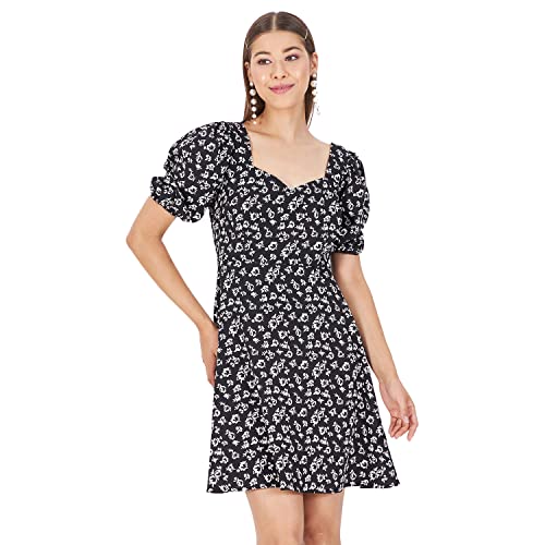 Image of KIBO Casual Stylish Black Floral Polyester Dress for Women