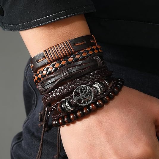 Generic Pulsera de cuero para hombre y mujer - Pulsera de cuero trenzado marrón - Pulsera de cuero ajustable para hombre - Accesorio de moda - Regalo