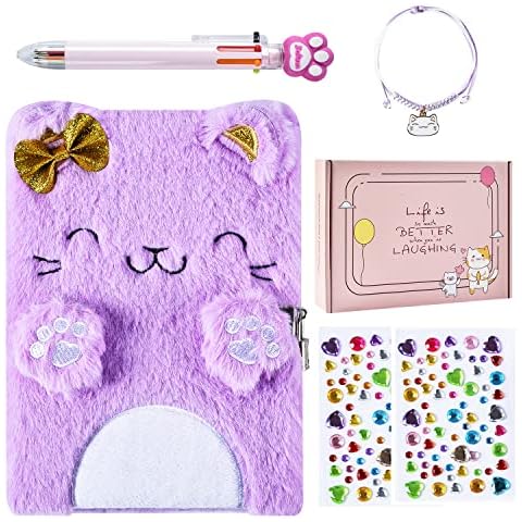 PJDRLLC Diary for Girls with Lock and Keys, Kids Journal Travel Notebook for Writing, Cute Secret Diary with Multicolored Pen, Stickers, Bracelet, Practical Gift for Birthday, Easter (A Cute Cat) Cover