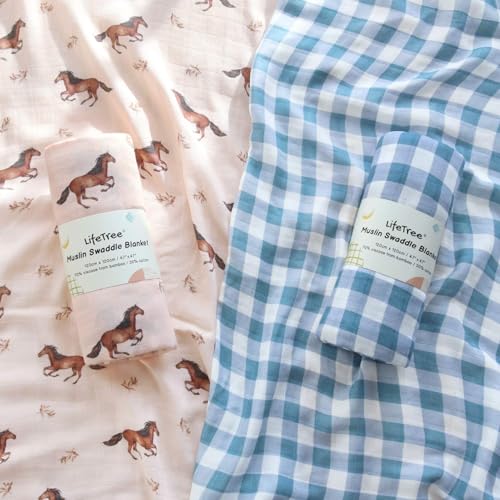 Image of LifeTree Baby Swaddle Blankets, Boys Girls Muslin Swaddling Wrap Receiving Blanket for Newborn, 70% Viscose from Bamboo and 30% Cotton, Large 47 inch x 47 inch, Horse and Blue Checkered Pattern