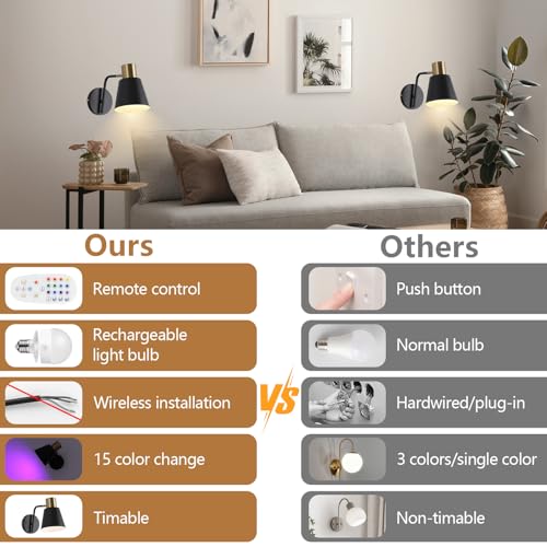 Image of Battery Operated Wall Sconce Set of 2,Rechargeable Wall Lights with Remote Control,Black Gold Modern Wall Sconces Dimmable,15 Colors,Wireless LED Wall Lamp for Bedroom Living Room Farmhouse Hallway
