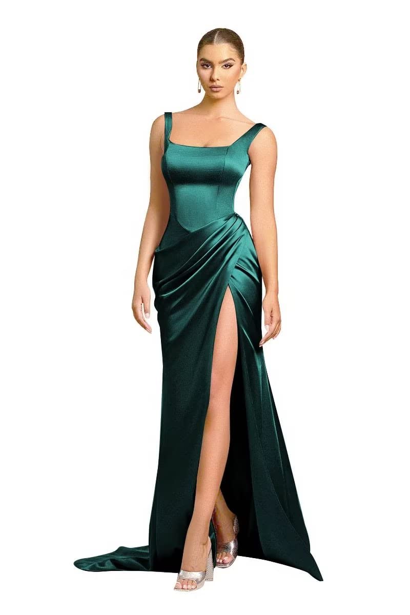 Mermaid Satin Bridesmaid Dresses Long Ruched Prom Dresses for Women Slit Formal Evening Party Gowns